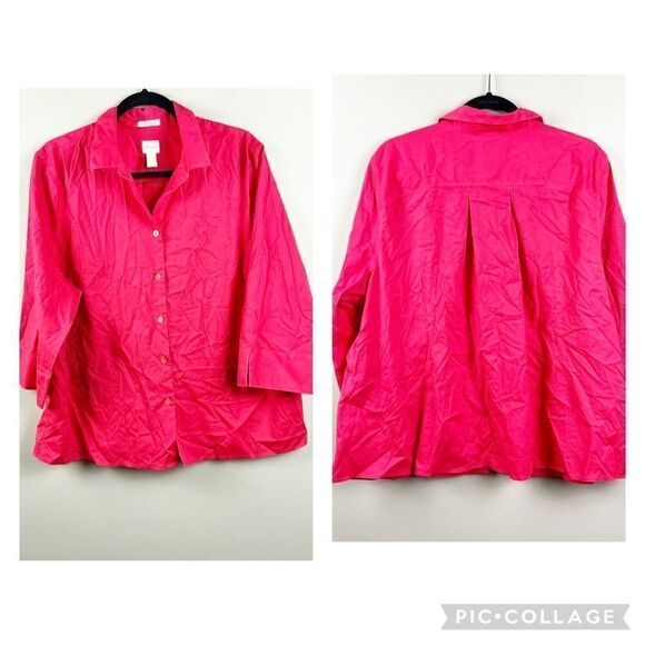Chico’s no iron 3/4 sleeve fuchsia pink pleated boxy swing button down 3.5 18 XL - Picture 1 of 11